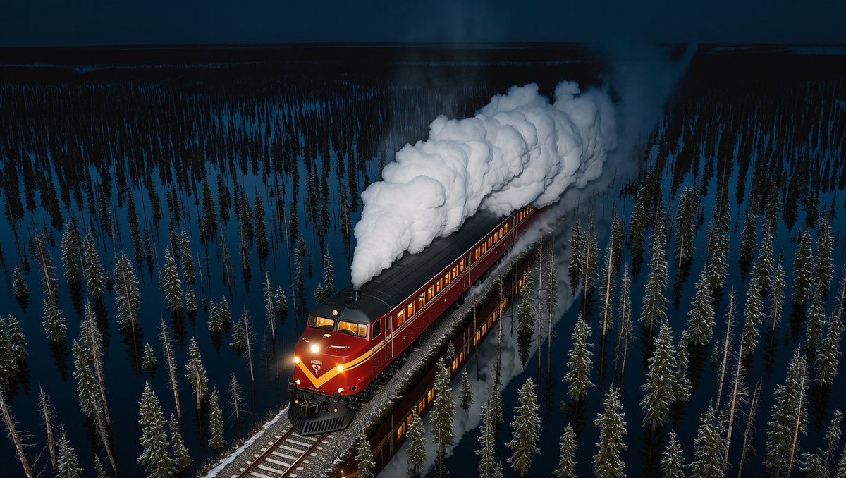 编辑所附的航拍夜景图片:一列红色西伯利亚大铁路(Trans-Siberian)机车正穿过白雪覆盖的西伯利亚针叶林(taiga)。 将所有树木之间的地貌改造成一片广阔、浅层的洪水水…