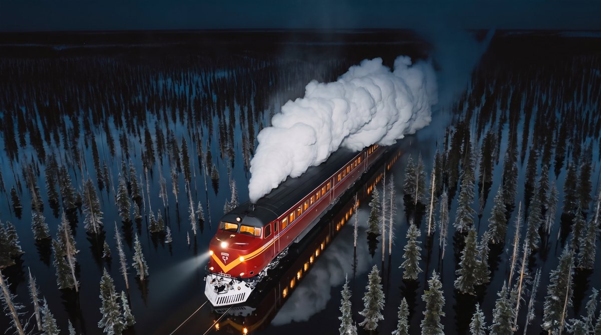 编辑所附的航拍夜景图片:一列红色西伯利亚大铁路(Trans-Siberian)机车正穿过白雪覆盖的西伯利亚针叶林(taiga)。 将所有树木之间的地貌改造成一片广阔、浅层的洪水水…