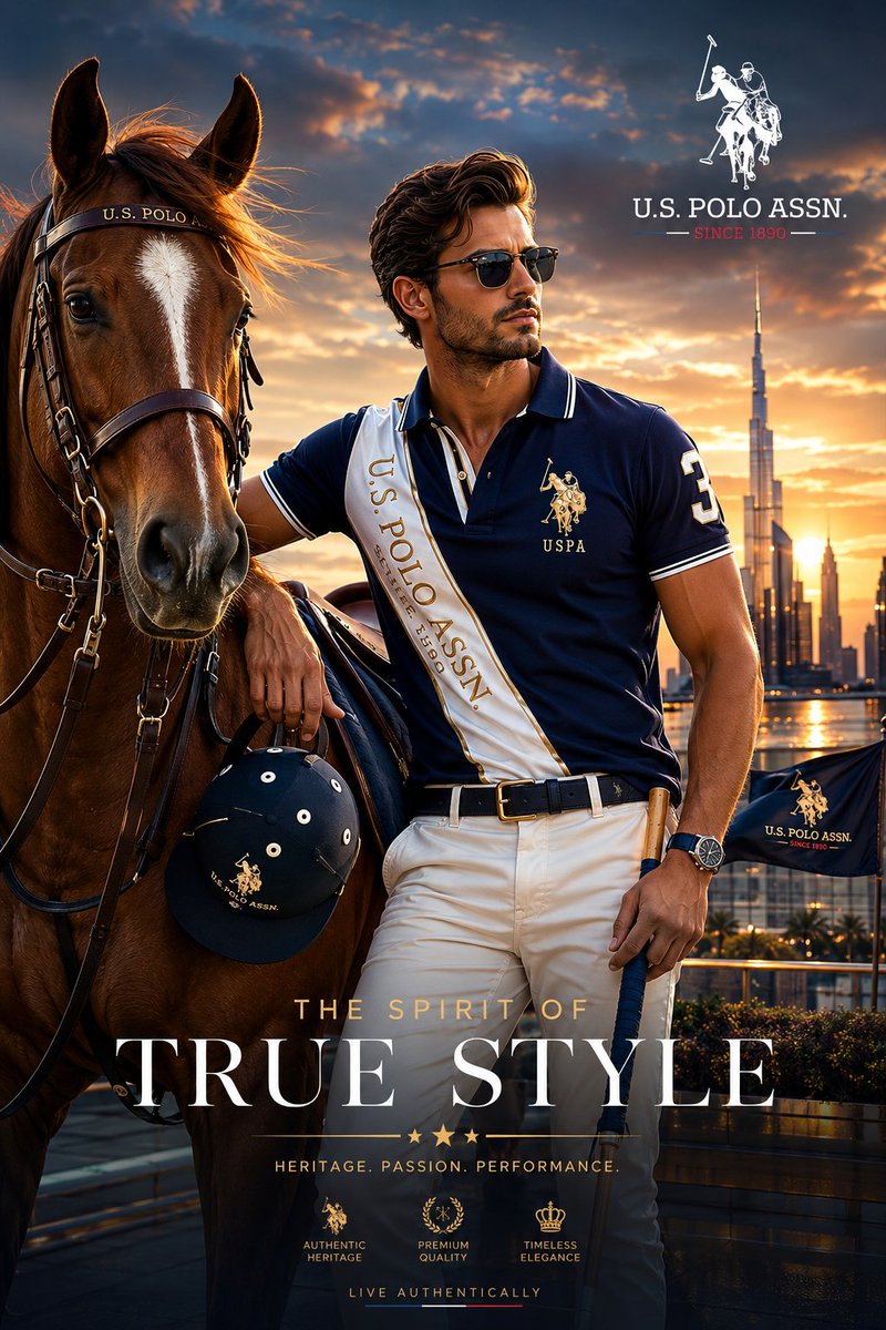 为U.S. Polo Assn.创作一张高级奢侈时尚活动海报:日落时分,一位自信成熟的男模特站在一匹雄健马球旁,身处专属屋顶露台,俯瞰现代城市天际线。该场景需呈现正宗马球传承与当…