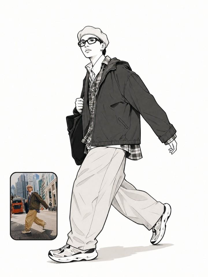 将上传的参考照片转换为干净的黑白漫画风格线稿插画,同时保留原始图像中完全相同的姿势、构图、服装、配饰、面部表情和透视。创作一幅全身人物画,具备优雅墨线轮廓、流畅轮廓线、浅淡灰度阴…