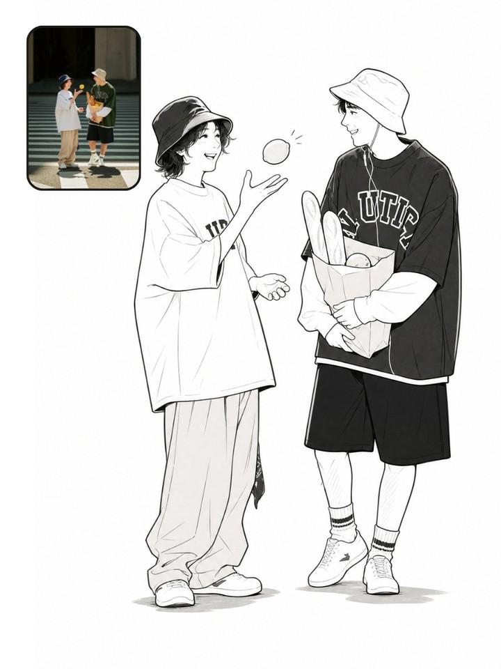 将上传的参考照片转换为干净的黑白漫画风格线稿插画,同时保留原始图像中完全相同的姿势、构图、服装、配饰、面部表情和透视。创作一幅全身人物画,具备优雅墨线轮廓、流畅轮廓线、浅淡灰度阴…
