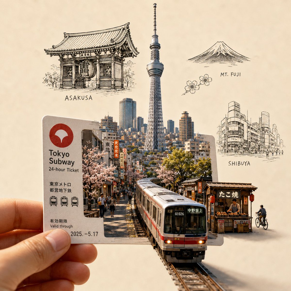 创作一幅高度精细、高端的旅行艺术插画，画面前景中有一只手握着一张[城市专属车票/通行证]。这张车票是通往[城市名称]的入口，一个写实的微缩城市场景从车票中浮现出来。 一个标志性的…