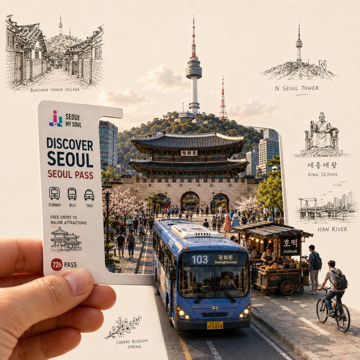 创作一幅高度精细、高端的旅行艺术插画，画面前景中有一只手握着一张[城市专属车票/通行证]。这张车票是通往[城市名称]的入口，一个写实的微缩城市场景从车票中浮现出来。 一个标志性的…