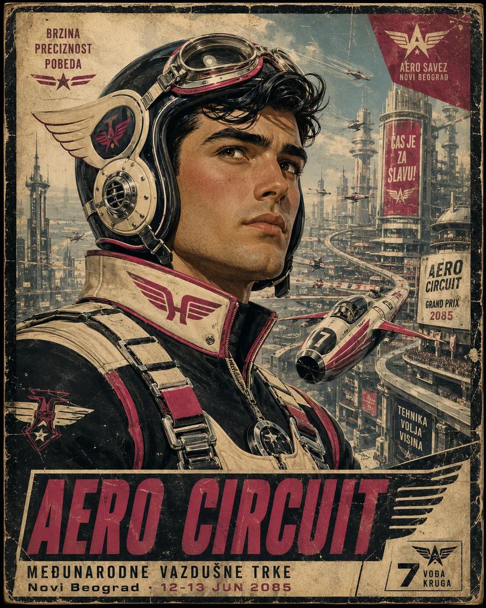 复古未来主义宣传旅行海报,英雄主义航空探险家肖像,腰部以上构图,复古飞行员头盔配以铬制护目镜与翼形耳罩,精致皮革束带,饱经风霜的飞行制服上绣有任务徽章,自信地凝视地平线,大胆的装…