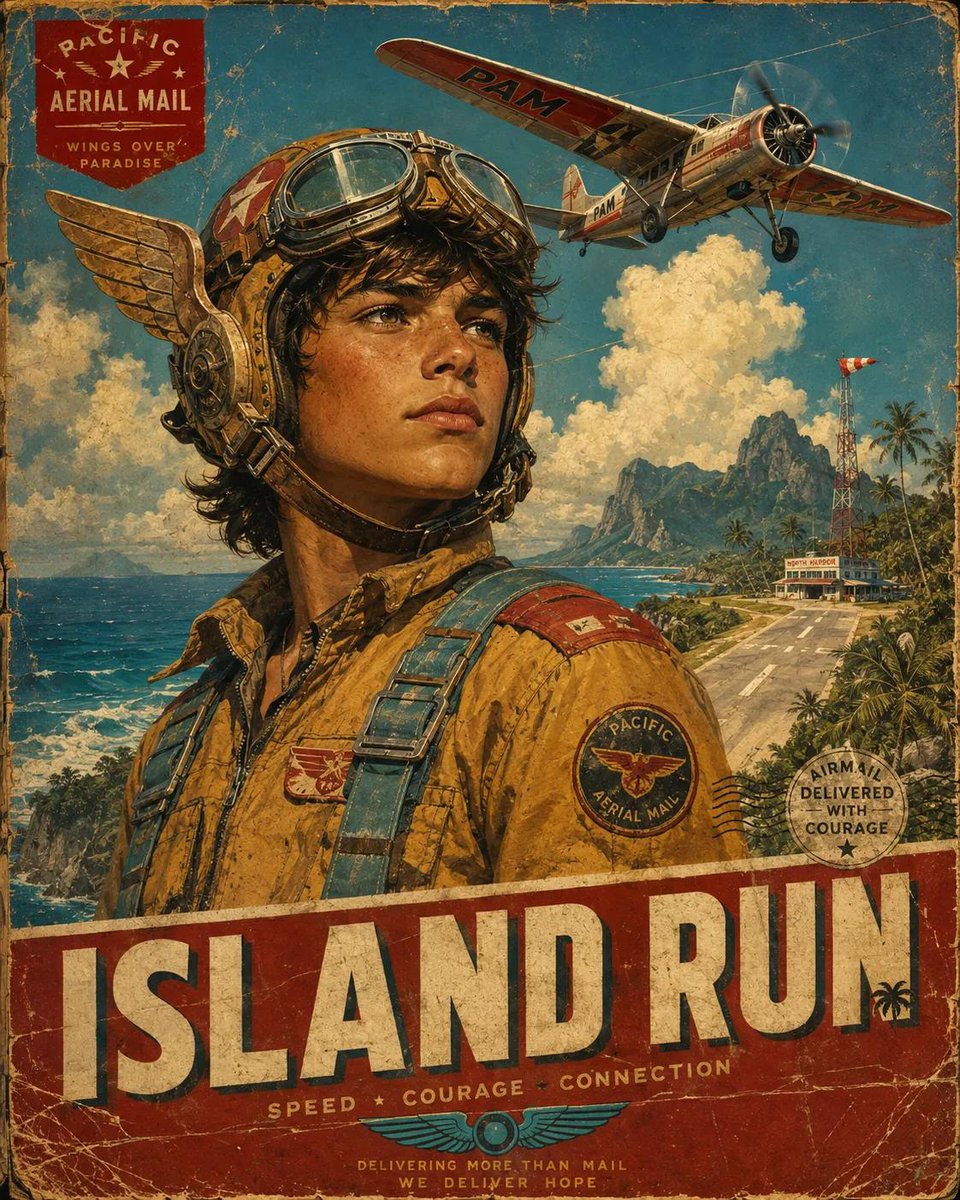 复古未来主义宣传旅行海报,英雄主义航空探险家肖像,腰部以上构图,复古飞行员头盔配以铬制护目镜与翼形耳罩,精致皮革束带,饱经风霜的飞行制服上绣有任务徽章,自信地凝视地平线,大胆的装…