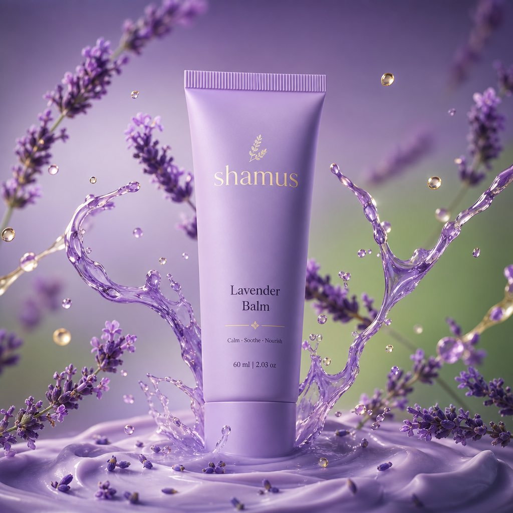 一支印有“M 薰衣草 balm”标签的高级哑光薰衣草色管状物直立在奶紫色表面，薰衣草花朵呈动态模糊状态环绕旋转，薰衣草油滴飞溅在空中。简约柔和紫色渐变背景，光…