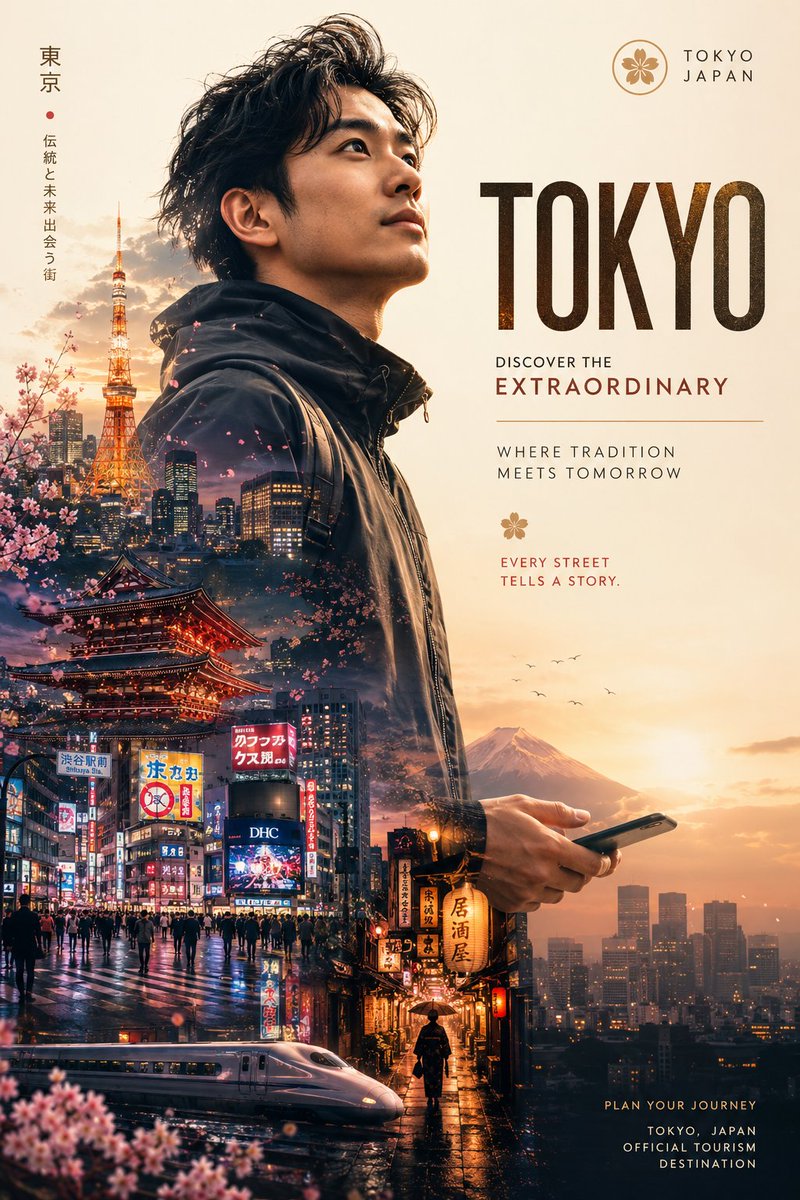 创建图片 超高端目的地营销海报，呈现一位时尚现代的旅行者，采用优雅的双重曝光编辑风格。一幅高度精细的电影感肖像：一位自信的年轻旅行者站在精致的暖象牙米色背景前…