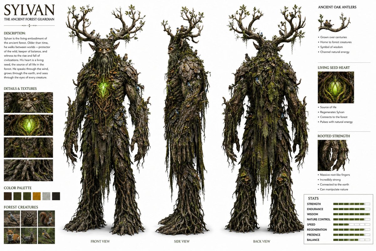 - 一份高度详细、写实的角色设计图，主题为"SYLVAN"（森林守护神）——一位鲜活的远古森林守护精灵。正面、侧面、背面三视图。高大威压的身形，身体由活木构成…