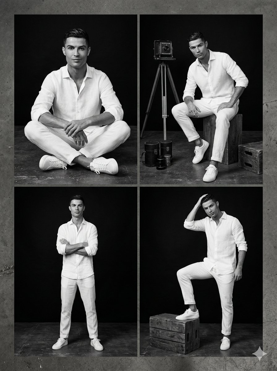 超写实奢华时尚编辑大片,主角为世界级男性运动员,拥有锋利下颌线、运动体型和完美打理的深色头发,身着优雅的纯白色亚麻套装,包括敞开领口的纽扣衬衫、定制长裤和极简主义白色运动鞋。工作…