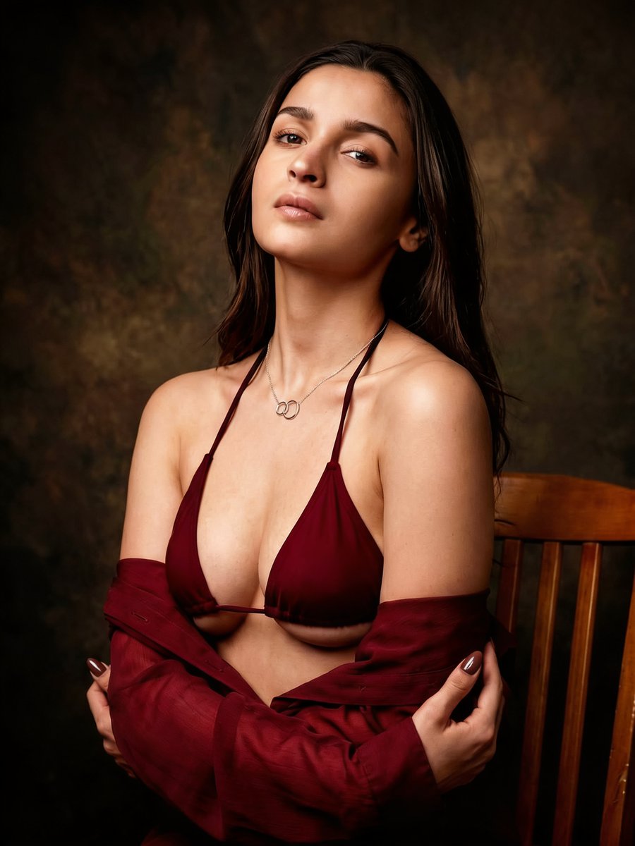Alia Bhatt 🔥 Nano Banana Pro 提示词 👇 一张照片般逼真的工作室人像照：一位年轻成年女性坐在混凝土地面上，旁边是一把复古木椅，身穿深酒红色三角比基尼…