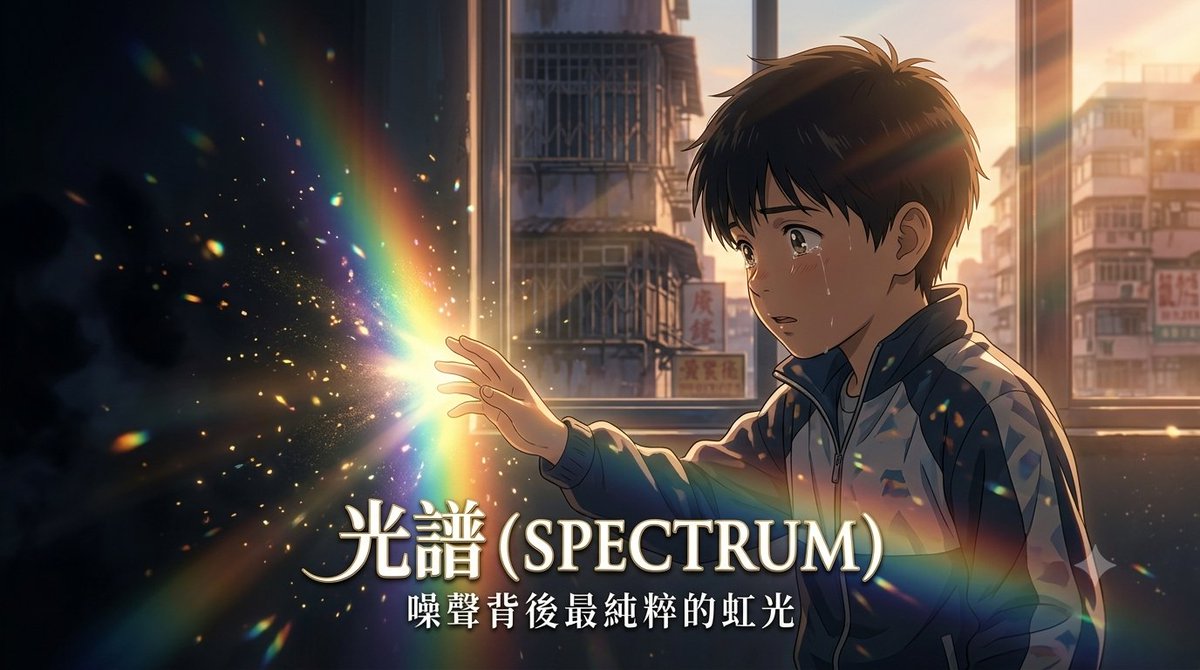 一个六岁男孩的小手轻轻触碰从黑暗中浮现的发光彩色光谱，温暖的早晨光线，背景是香港旧唐楼的轮廓，新海诚标志性细腻风格，情感氛围，鲜明柔和的色彩，漂浮粒子，电影级构图，动画电影标题卡…