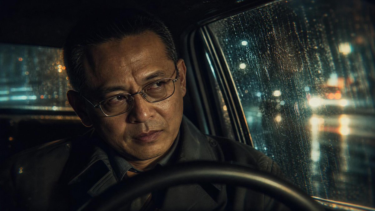 雨夜，一名侦探坐在光线昏暗的复古汽车内，透过侧窗向外望去的电影级静态剧照。构图：透过前景的方向盘取景，紧凑构图，营造出亲密与孤独感。光学效果：路灯发出的体积光束打在湿漉漉的玻璃上…