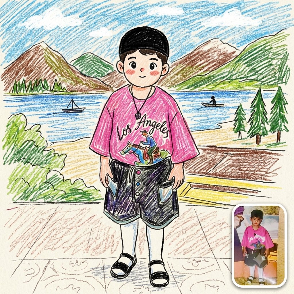 将上传的照片转换为一幅可爱的童趣蜡笔画，同时保留原始的姿态、构图、服装、表情和背景。使用彩色蜡笔和彩色铅笔的纹理、凌乱的涂鸦、颤抖的线条以及在纹理纸上的不均匀…