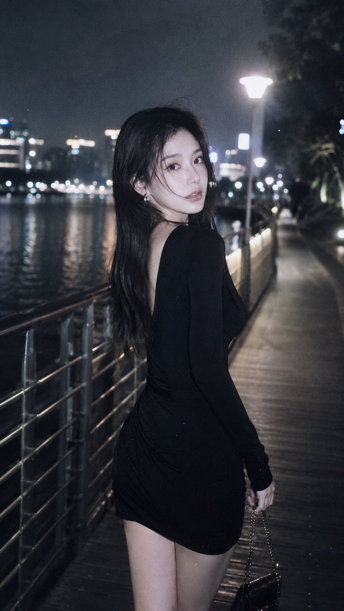 风格：CCD 柔光胶片摄影 概念：情绪感城市夜景街头人像 场景：夜晚的湖边栈道，街灯光芒，水面反光，栏杆步道 着装：修身黑色长袖连衣裙，银色耳饰，小型链条包 氛围：冷酷疏离，深夜…