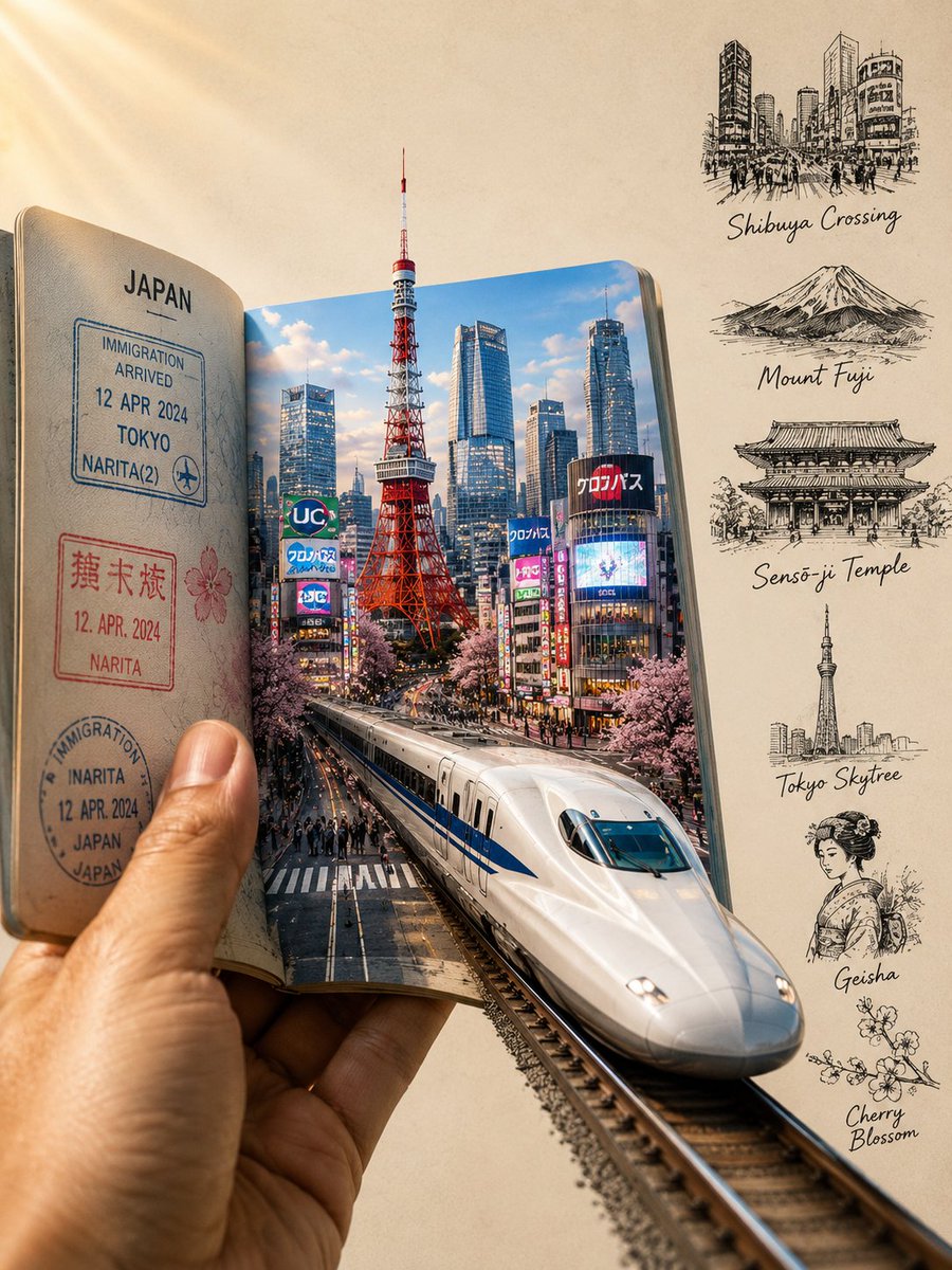 超写实、电影感的日本旅行主题概念艺术作品，纵向 3:4 画幅。一只手握着一本翻开的护照，护照化身为通往东京的魔法之门。护照左页呈现逼真的入境印章、旅行签证、日式纹样以及做旧纸张质…