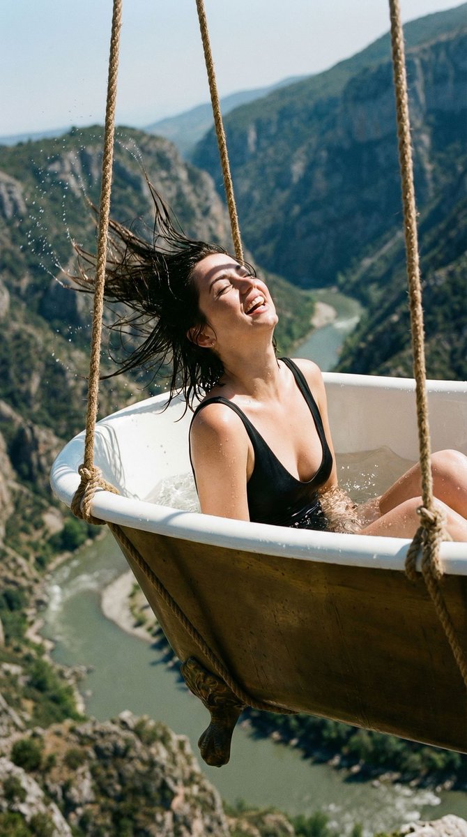 { "vibe_title_en": "An Unexpected Laugh Suspended Over the Abyss", "master_prompt": "一张超现…