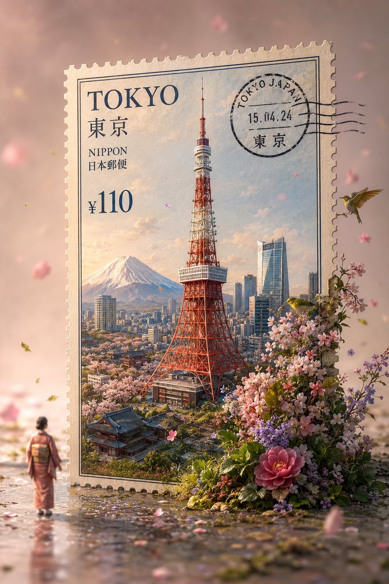 一张超写实微距摄影作品：一张来自[COUNTRY]的巨型独立立式复古邮票，放置在无缝、柔和、色彩协调的淡粉色工作室背景前。邮票上印有来自[COUNTRY]最具标志性和辨识度的地标…