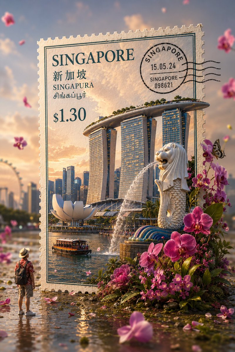 一张超写实微距摄影作品：一张来自[COUNTRY]的巨型独立立式复古邮票，放置在无缝、柔和、色彩协调的淡粉色工作室背景前。邮票上印有来自[COUNTRY]最具标志性和辨识度的地标…