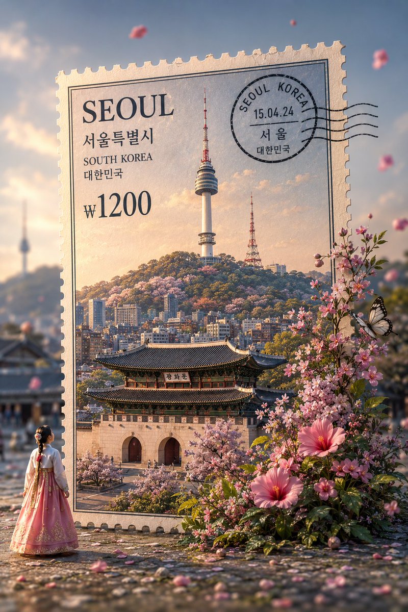 一张超写实微距摄影作品：一张来自[COUNTRY]的巨型独立立式复古邮票，放置在无缝、柔和、色彩协调的淡粉色工作室背景前。邮票上印有来自[COUNTRY]最具标志性和辨识度的地标…