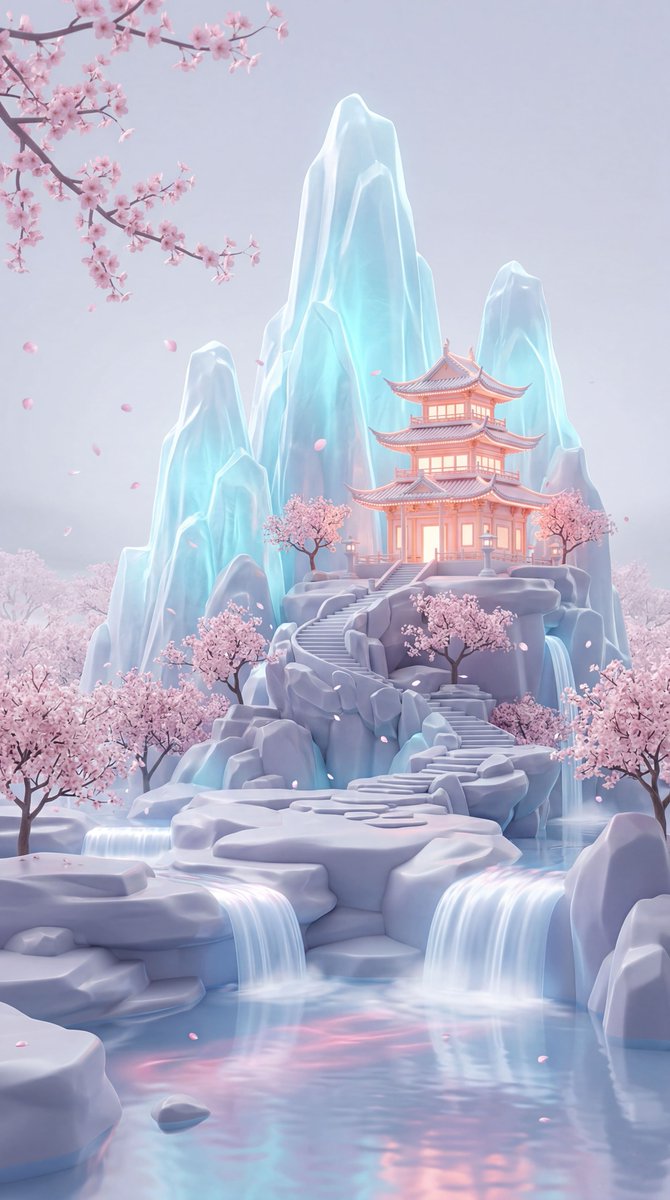 竖幅构图的梦幻粉彩奇幻风景，展示了一座发光的东亚宝塔式寺庙，坐落在一组高耸的水晶冰山半腰，被娇嫩的粉色樱花树和飘落的花瓣环绕。场景为宽幅环境镜头，拍摄角度为略…