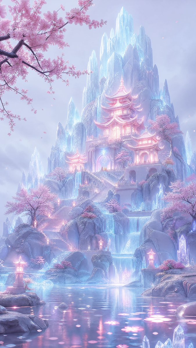 竖幅构图的梦幻粉彩奇幻风景,展示了一座发光的东亚宝塔式寺庙,坐落在一组高耸的水晶冰山半腰,被娇嫩的粉色樱花树和飘落的花瓣环绕。场景为宽幅环境镜头,拍摄角度为略低的正面视角,居中构…