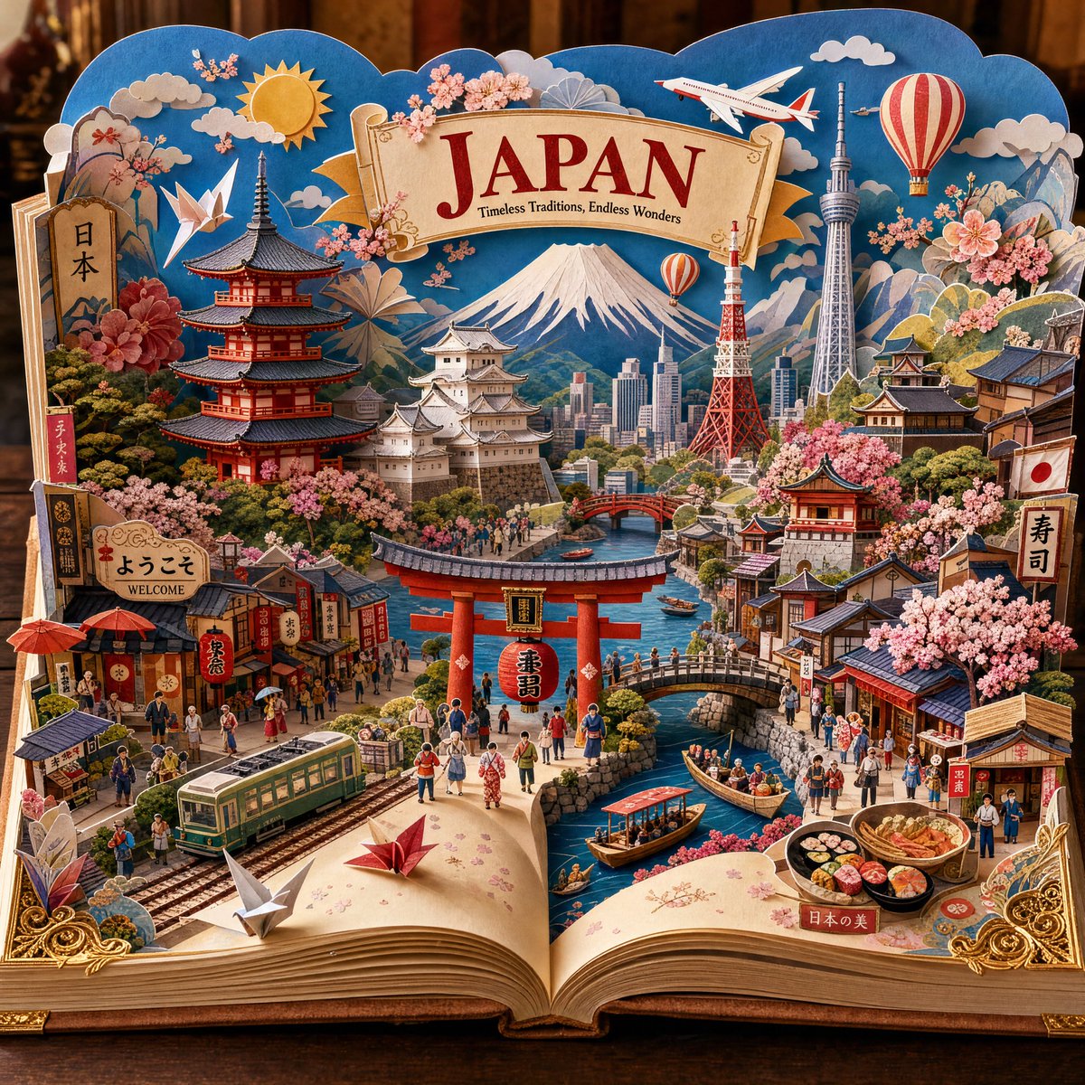 创作一幅超精细手工打造的 3D 立体书旅行插画，描绘 [DESTINATION]，呈现于一本精美翻开的复古书中。 画面应如同一本高端收藏级纸艺立体书，整个目的地以分层微缩立体场景…