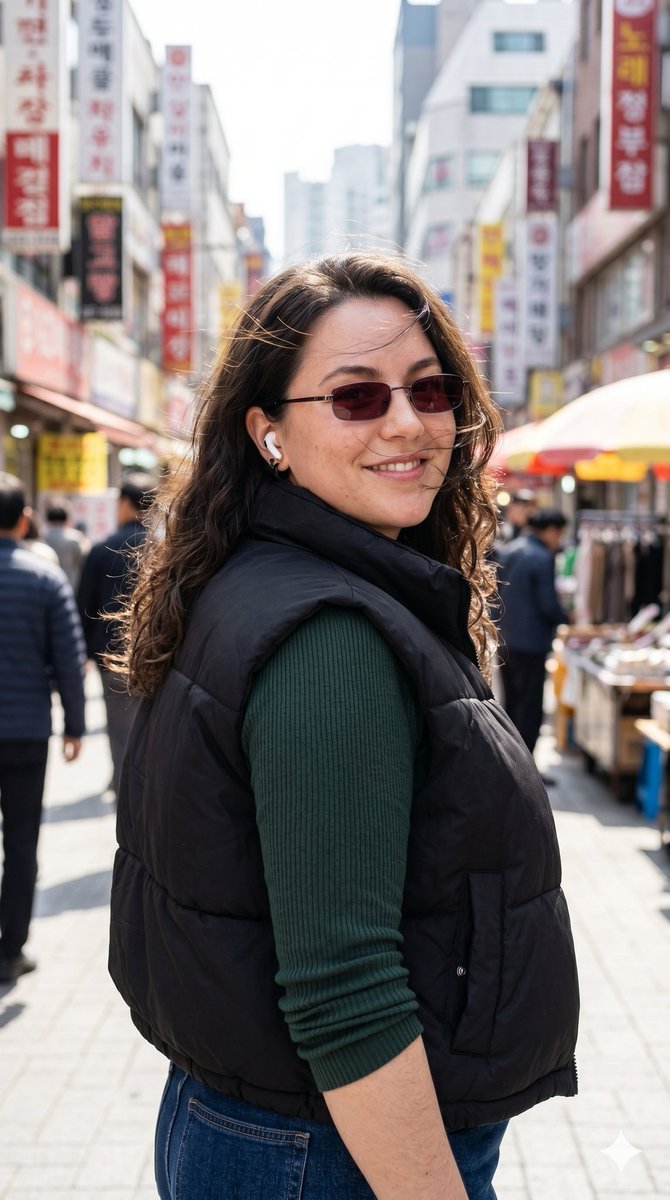 超写实都市街头时尚肖像,捕捉一位时尚年轻女性在繁忙的东亚商业街区中行走途中的瞬间。中近景构图,4:5竖版人像画幅,以略低于视平线的仰拍视角拍摄。主体位于画面左中位置,向前行走,同…
