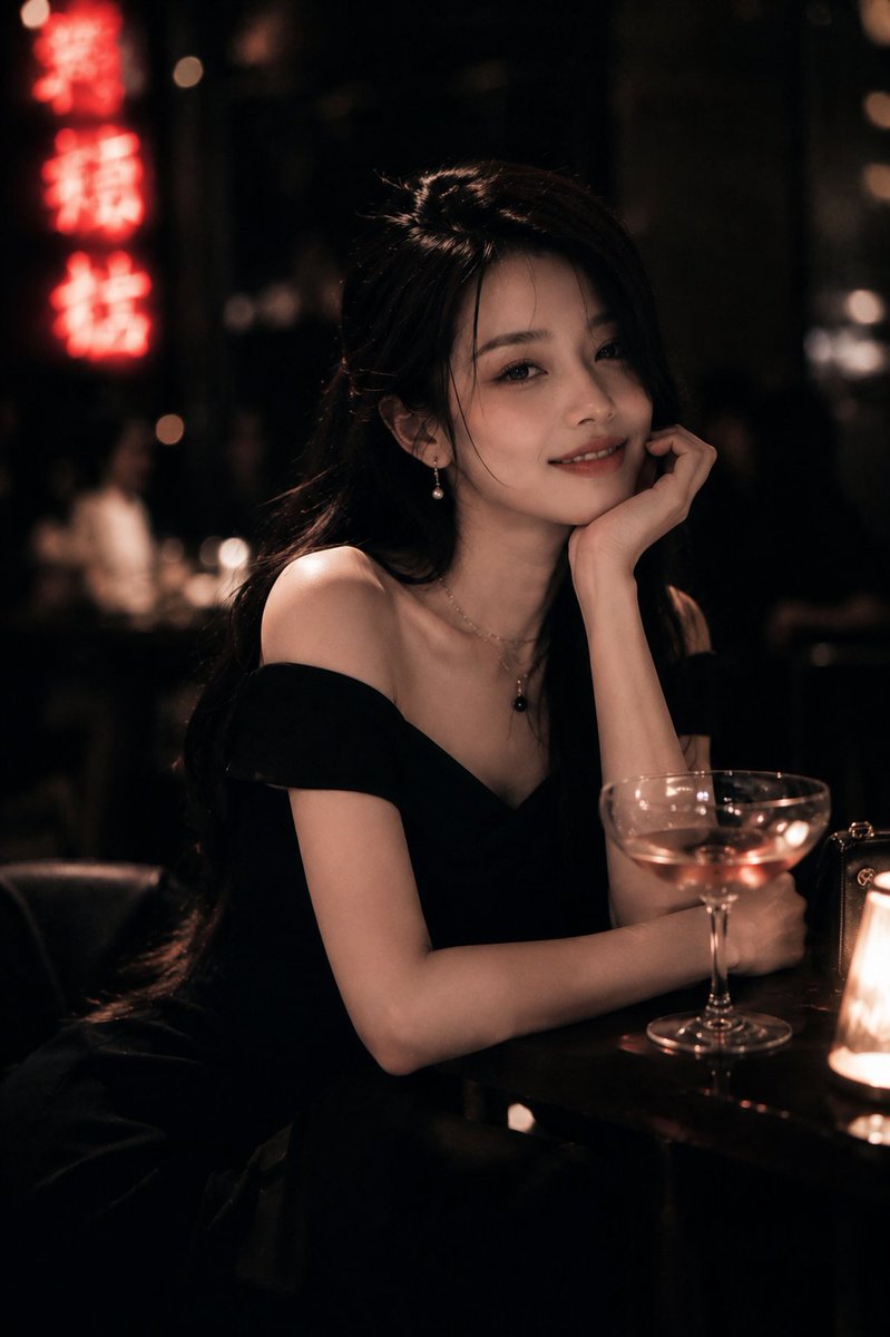 超写实电影感肖像，一位美丽的年轻女子，长长的黑发，身穿优雅的黑色露肩礼服，夜晚独自坐在灯光昏暗的豪华酒吧中，手持一杯鸡尾酒。柔和温暖的烛光，背景中红色霓虹中文招牌发光，氛围忧郁…