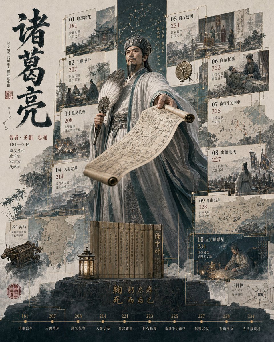 完整提示:https://t.co/dyRG88qbyl 生成一张细节丰富的"3D历史人物破框传记海报",具有电影级深度与档案级厚重质感。 [用户输入] 人物:[人物姓名] 身份…