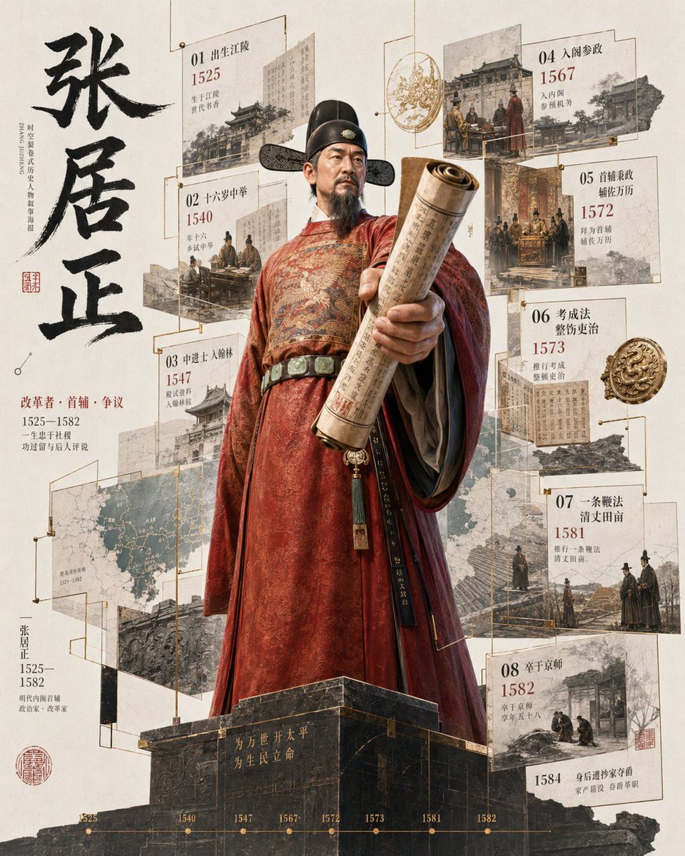 完整提示:https://t.co/dyRG88qbyl 生成一张细节丰富的"3D历史人物破框传记海报",具有电影级深度与档案级厚重质感。 [用户输入] 人物:[人物姓名] 身份…