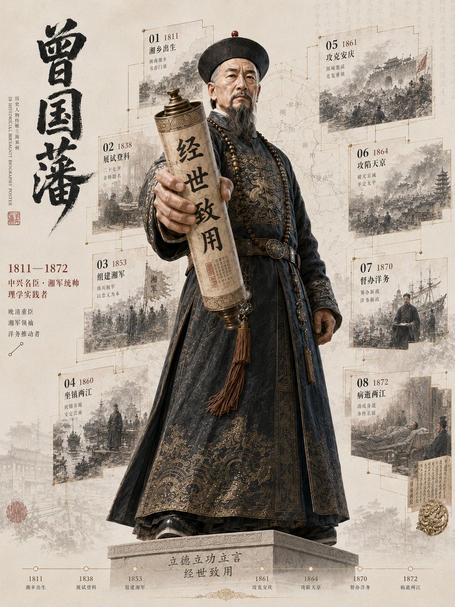 完整提示:https://t.co/dyRG88qbyl 生成一张细节丰富的"3D历史人物破框传记海报",具有电影级深度与档案级厚重质感。 [用户输入] 人物:[人物姓名] 身份…