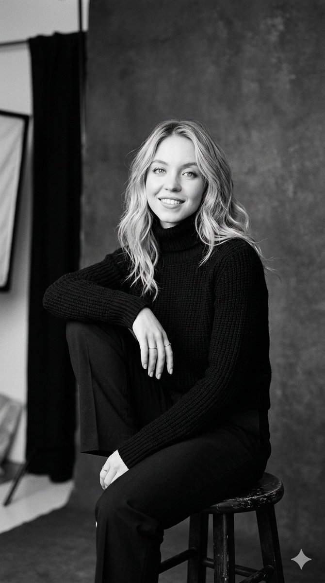 一张Sydney Sweeney（Sydney Sweeney）的黑白影棚竖版肖像照，以经典而优雅的姿态呈现。她坐在一张质朴的木质凳子上，身体微微侧向一边，目…