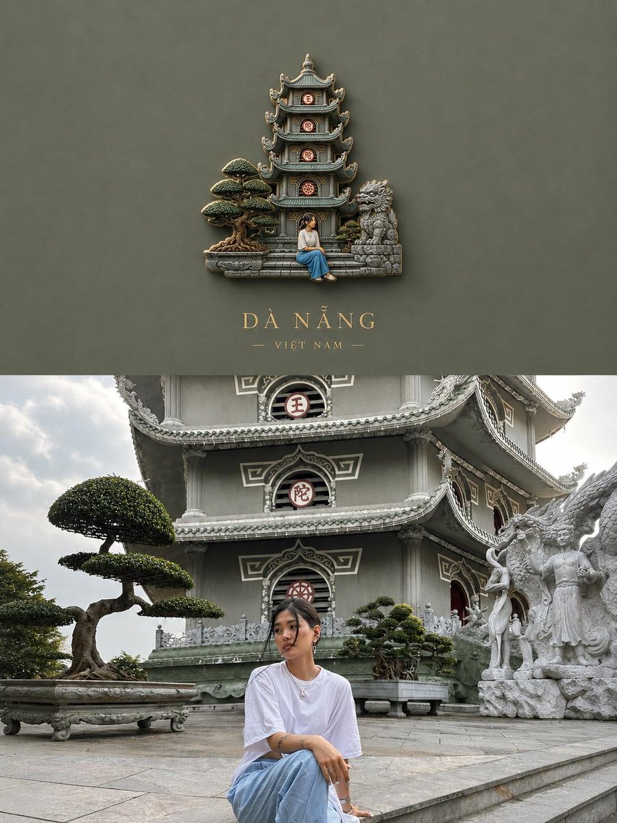 创建一个高级旅行海报,画面中一枚微型 3D 纪念徽章悬浮在干净的哑光背景上。徽章内部包含一个高度精细的微型立体场景,精准还原原始旅行照片的场景:一位旅行者正在欣赏全景式的城市景观…