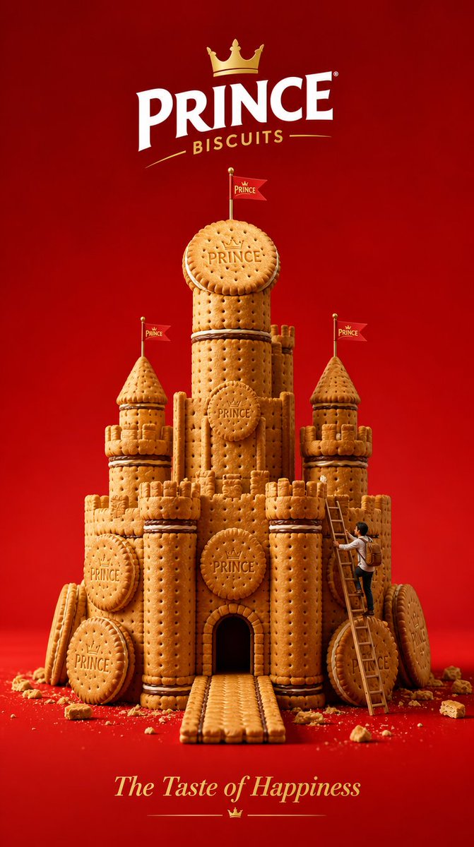 GPT Image 2 on Higgsfield 提示词 为 Prince Biscuits（王子饼干）设计一张极简奢华的 3D 广告海报。 视觉中心是一座超现实的巨型金色饼干…