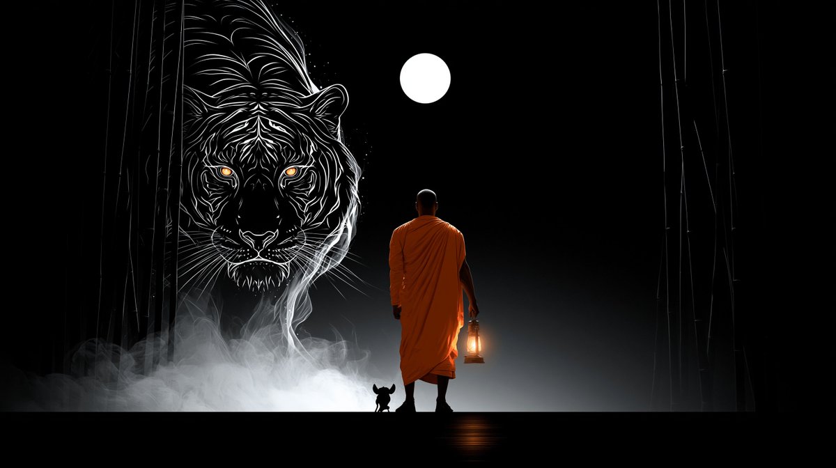 古老虎灵从竹林薄雾中浮现,琥珀色双眼闪烁发光,僧人手持灯笼平静伫立,月光洒落,神圣氛围 --chaos 30 --ar 16:9 --raw --sref 2240754668…