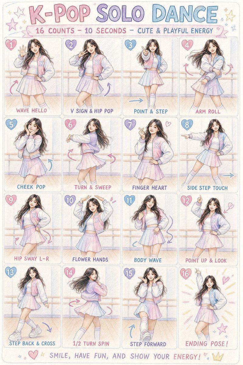 一张彩色铅笔素描风格的 K-pop 单人舞蹈编排动作表信息图。 布局：16 个步骤排列成干净的 4x4 网格，每个面板展示一个不同的舞蹈动作。 主体：一位亚洲…