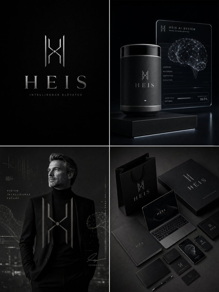 豪华 AI 品牌识别板,用于 "HEIS",超高端人工智能公司品牌设计,哑光黑与铂金银色调色板,精致极简风格,苹果级别的细节关注,未来感而永恒的美学。四面板品…