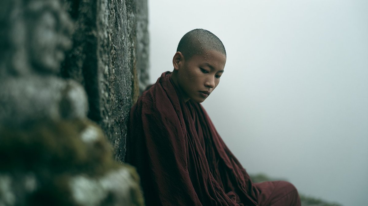 [主体] 坐在[岩石/表面细节]上，位于一个[户外地点]，被浓密的乳白色雾气完全吞没，以主体平视视角拍摄，使用[相机系统]和[焦距]镜头搭配[胶片]，哥特式美术肖像编辑风格，[肤…