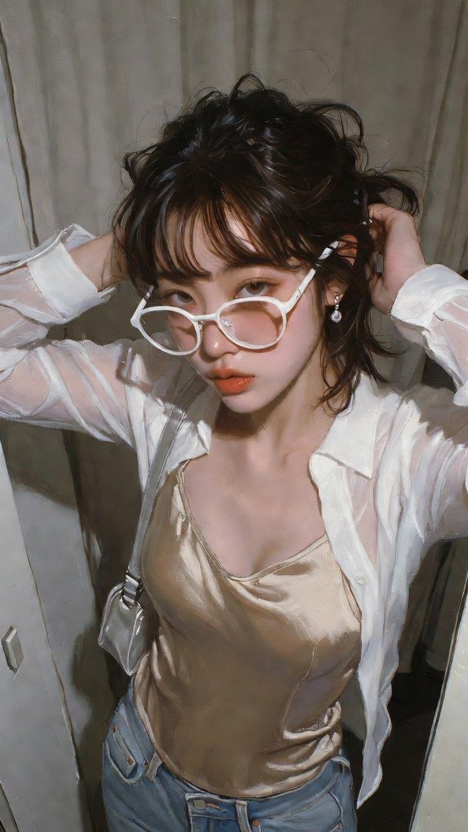 创作一张写实编辑风格的人像照片，画面中有一位20岁的日韩女性肖像主体，搭配白色镜框细框眼镜，正常佩戴于面部，镜片对齐眼睛位置，并佩戴小巧水滴形宝石耳饰细节，呈现细腻低调的微光效果…