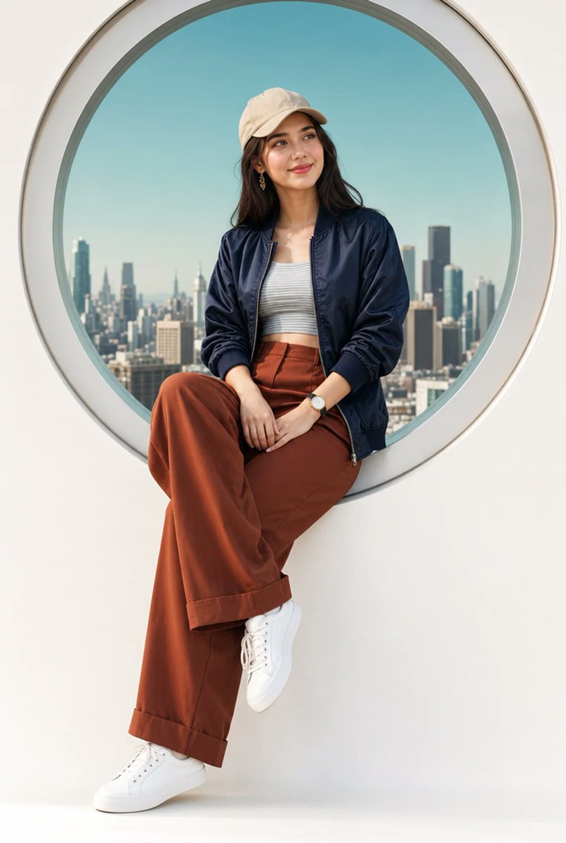 一位时尚年轻女性随意地坐在白色窗台上，身处一个带有柔和银色边框的大型圆形拱窗之中，背景中可见城市天际线，天空是清澈的青蓝色。她拥有温暖的橄榄色肤色，肌肤柔软发…