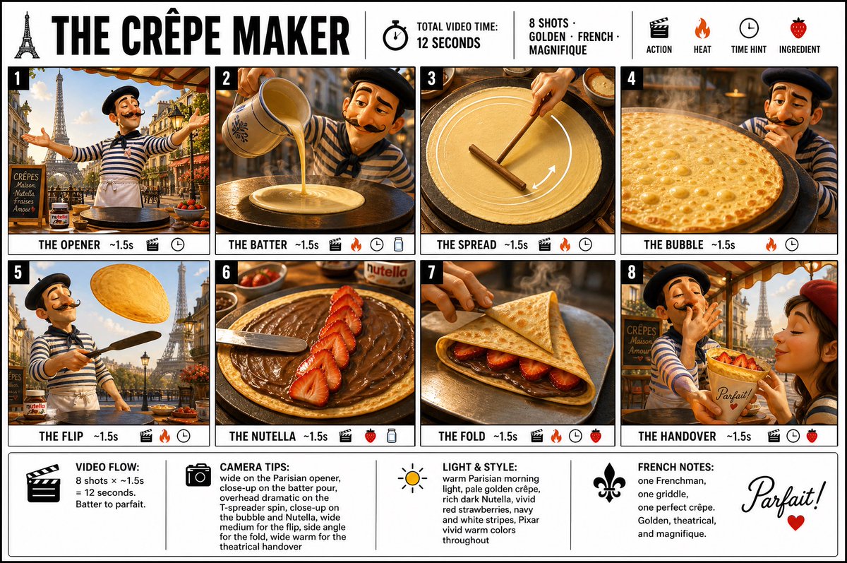 “为 THE CRÊPE MAKER(可丽饼师傅)制作一张清晰干净的信息图式分镜海报。宽幅 16:9 布局,白色背景,黑色边框,粗体黑色字体,高端 Pixar…