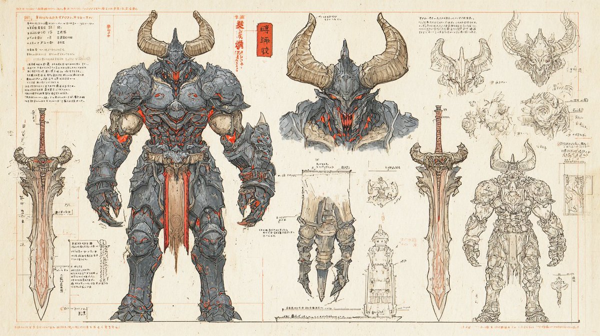 奇幻骑士角色设定图:贵族奇幻骑士身着华丽盔甲,全身姿态及剑、护手、头盔羽饰与侧脸特写,技术性赛璐璐上色,蓝图式构图,日文标注,远处中世纪山脉与城堡以水彩绘制,高度精细的设计文档…