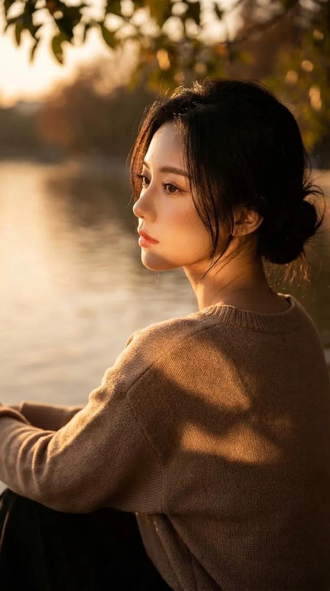一幅超写实电影感人像摄影，描绘一位美丽的年轻女子在黄金时段的日落时分，宁静地坐在平静的湖边，以柔和的侧脸姿态定格。她拥有优雅精致的面部特征、焕发光彩的皙白肌肤…
