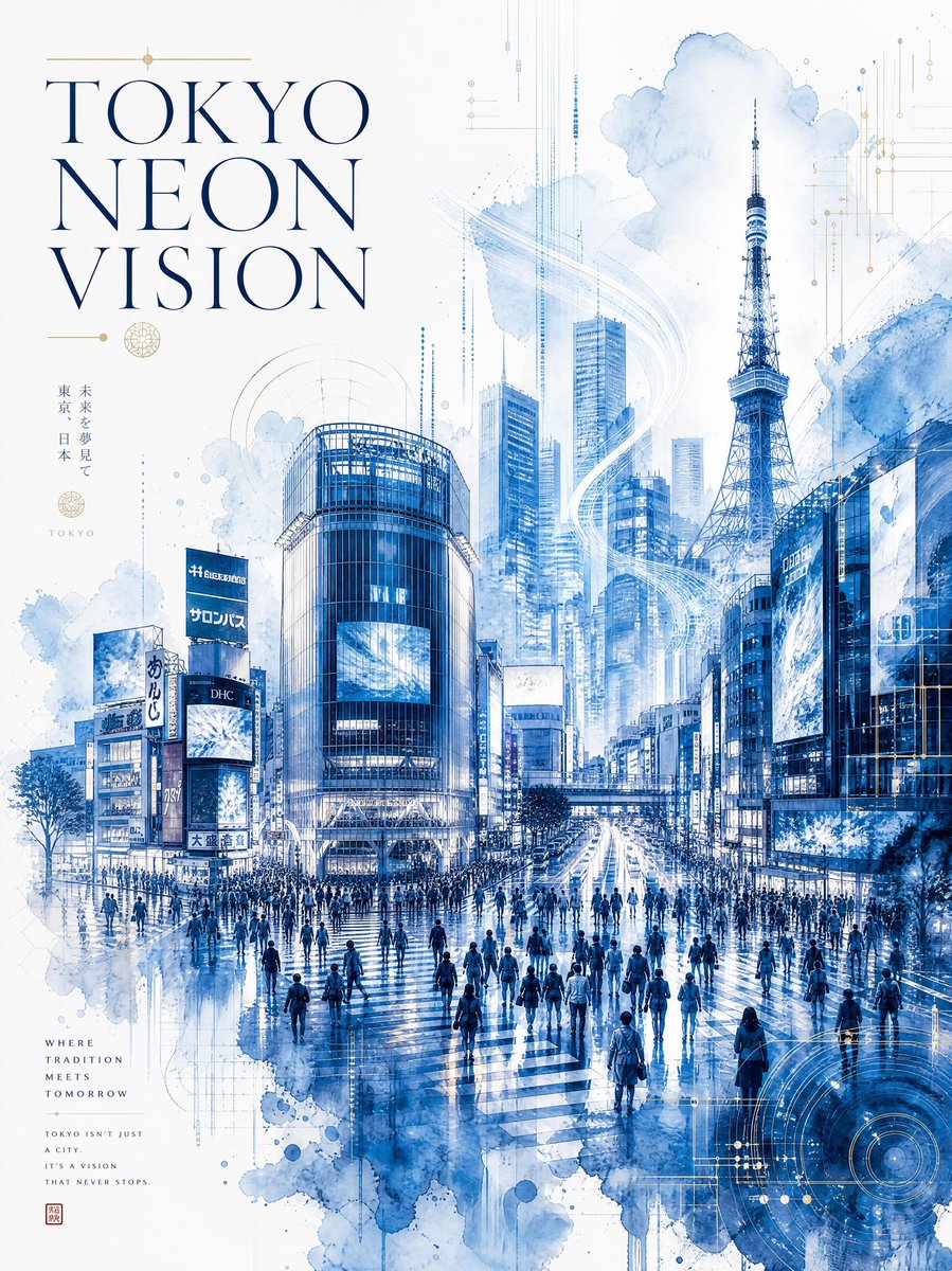 超精细水彩旅行海报，标题为“TOKYO NEON VISION（东京霓虹幻境）”，将未来主义城市建筑与优雅的日本传统美学相融合。东京标志性的涩谷十字路口令人叹为观止的全景画面，在…