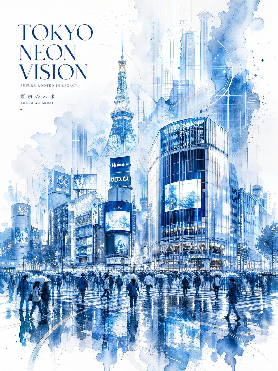 超精细水彩旅行海报，标题为“TOKYO NEON VISION（东京霓虹幻境）”，将未来主义城市建筑与优雅的日本传统美学相融合。东京标志性的涩谷十字路口令人叹为观止的全景画面，在…