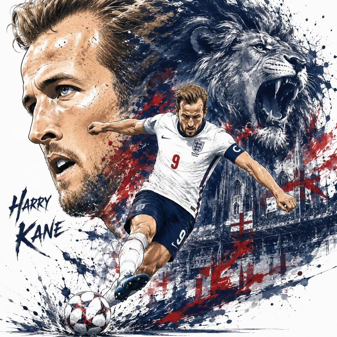 超精细体育插画海报，动态足球巨星构图，巨大侧脸肖像占据左侧，前景全身动作姿势控球或射门，爆炸性颜料飞溅与墨迹笔触在背景爆发，国家队颜色融入抽象水彩与涂鸦效果，象征性精神动物从球员…