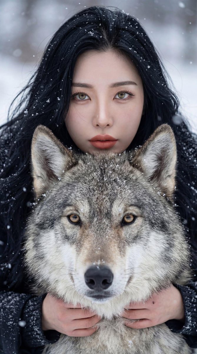 电影感的冬季肖像：一位年轻、肤色苍白的女性，长长的深色头发上沾着雪，她紧紧站在一只威严的灰狼身后。她身穿一件毛领厚重的冬季大衣，表情强烈、平静而深情，直视镜头。灰狼安静而警觉，浓…