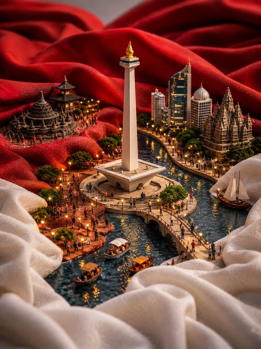 超精细微缩立体场景:中国被嵌入一面巨大流动的中国国旗的褶皱之中,以电影级移轴倾斜摄影风格拍摄。鲜红的天蚕丝织物构成连绵起伏的山丘与河谷,巨大金色五角星在柔和虚化的背景中隐约可见…