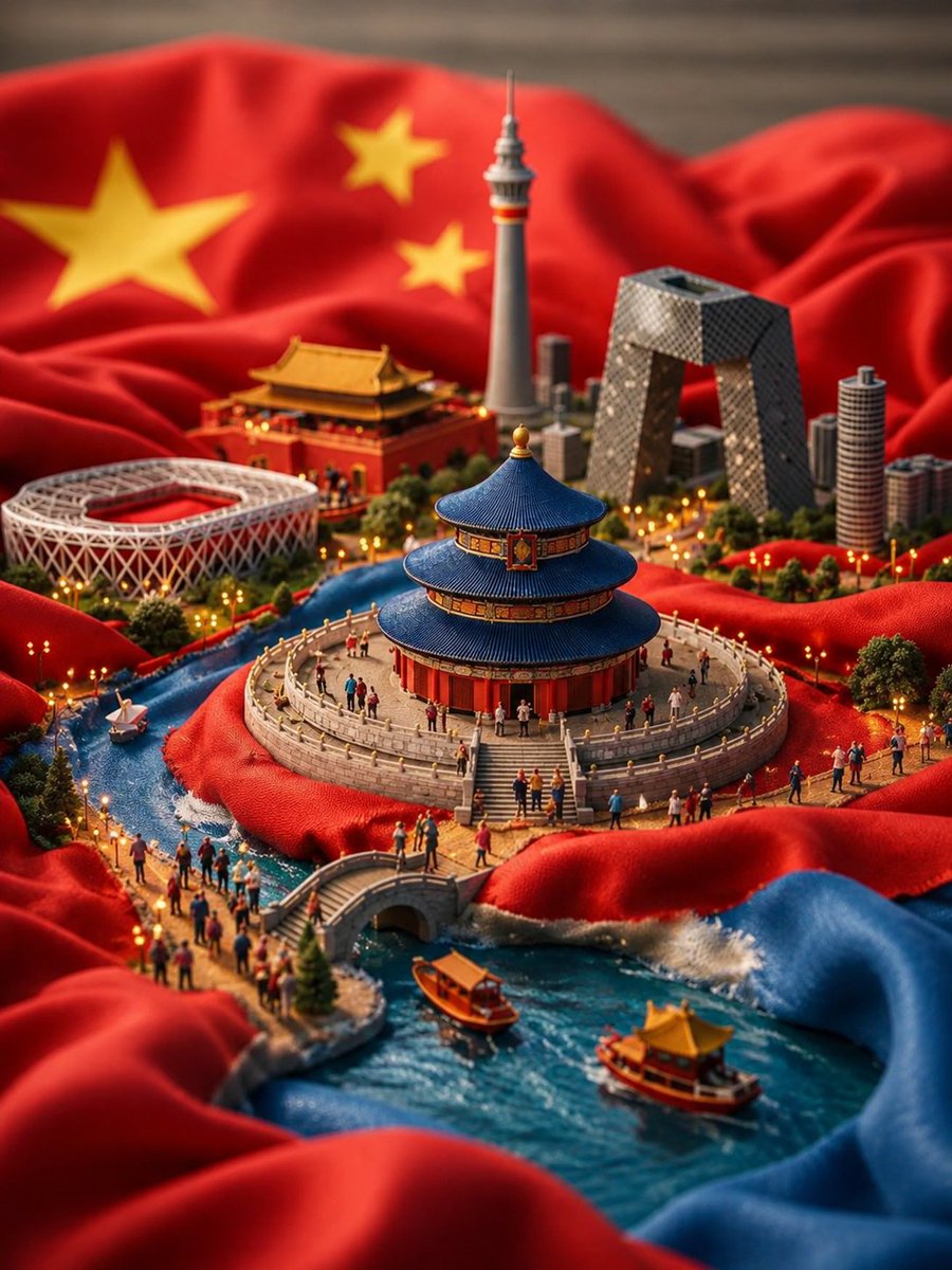 超精细微缩立体场景:中国被嵌入一面巨大流动的中国国旗的褶皱之中,以电影级移轴倾斜摄影风格拍摄。鲜红的天蚕丝织物构成连绵起伏的山丘与河谷,巨大金色五角星在柔和虚化的背景中隐约可见…