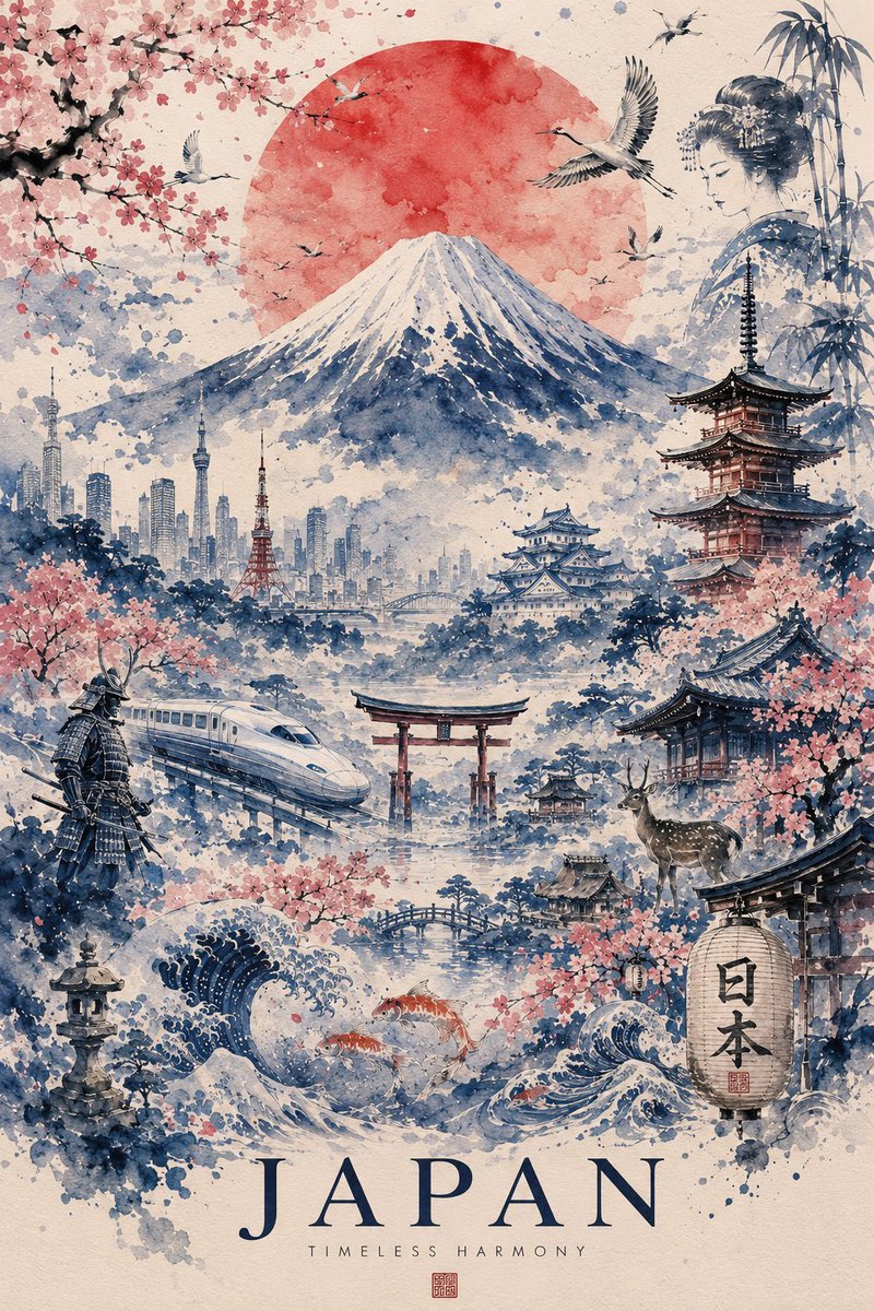 超精细的水彩旅行海报,画的是日本,采用精致的传统日本水墨画(sumi-e)风格,配以柔和的粉彩色调和带有肌理感的手工纸张。一座雄伟的雪顶富士山矗立在画面中央,背景是一轮巨大的深红…